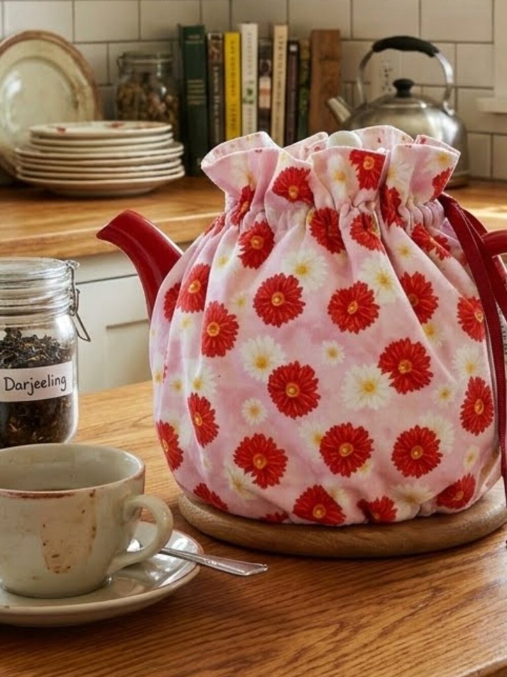 Handmade Teapot Tea Cozy Cover Red Pink Kitchen Linens Accessories
